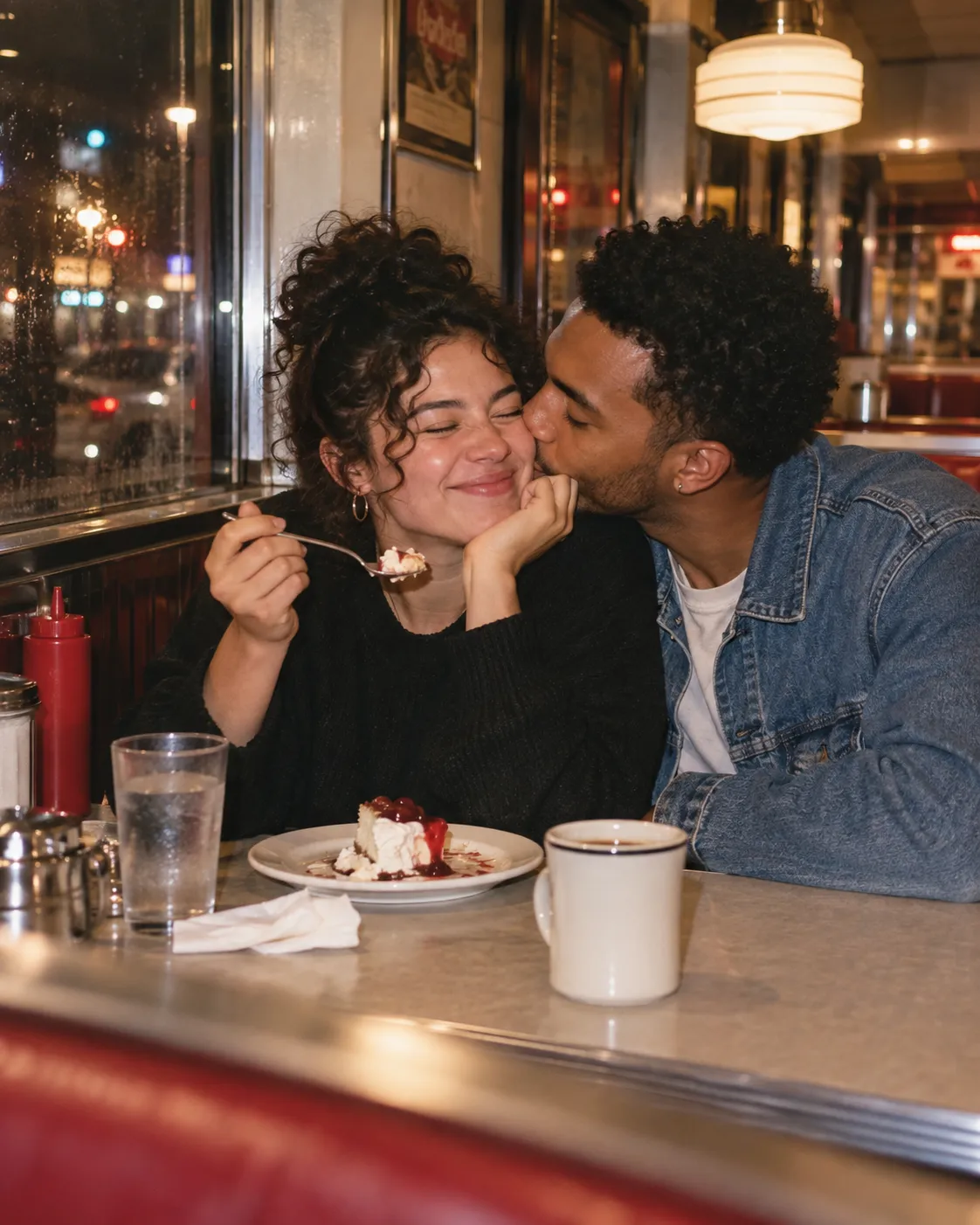 Two adults sharing a close moment in a late-night diner