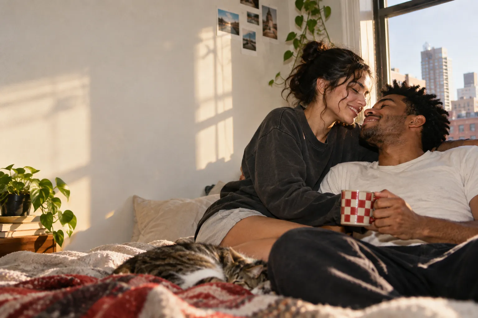 Two adults sharing a quiet moment on a sunlit sofa