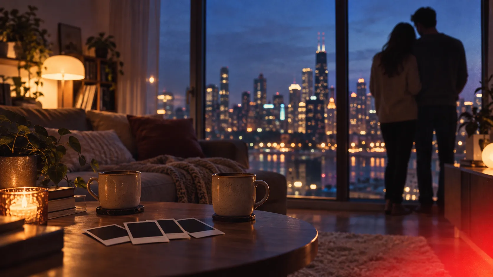 Two adults standing together by a city window at night